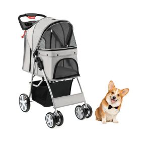 Folding Pet Stroller with Adjustable Canopy for Outdoor (Color: Gray, type: pets supplies)